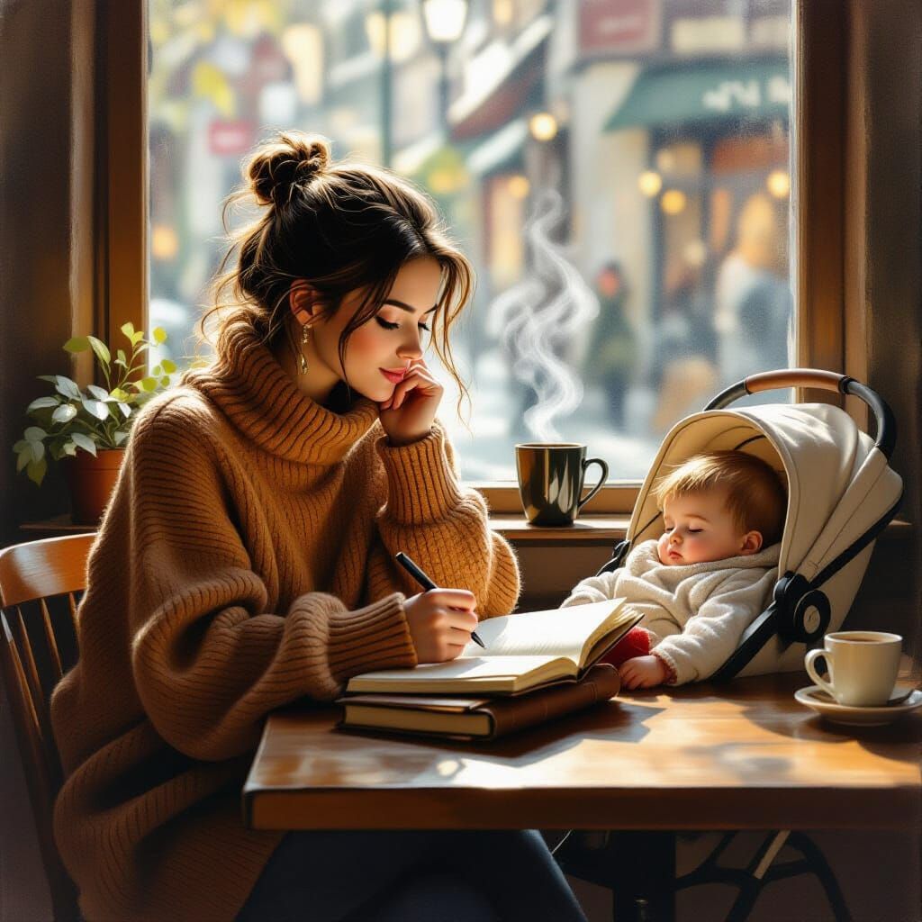 Woman Writing in Cozy Coffee Shop, Impressionistic Oil Paint...