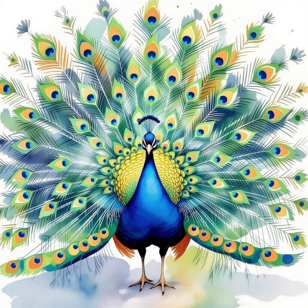 Elegant Watercolor Gouache Painting of a Peahen in Flight