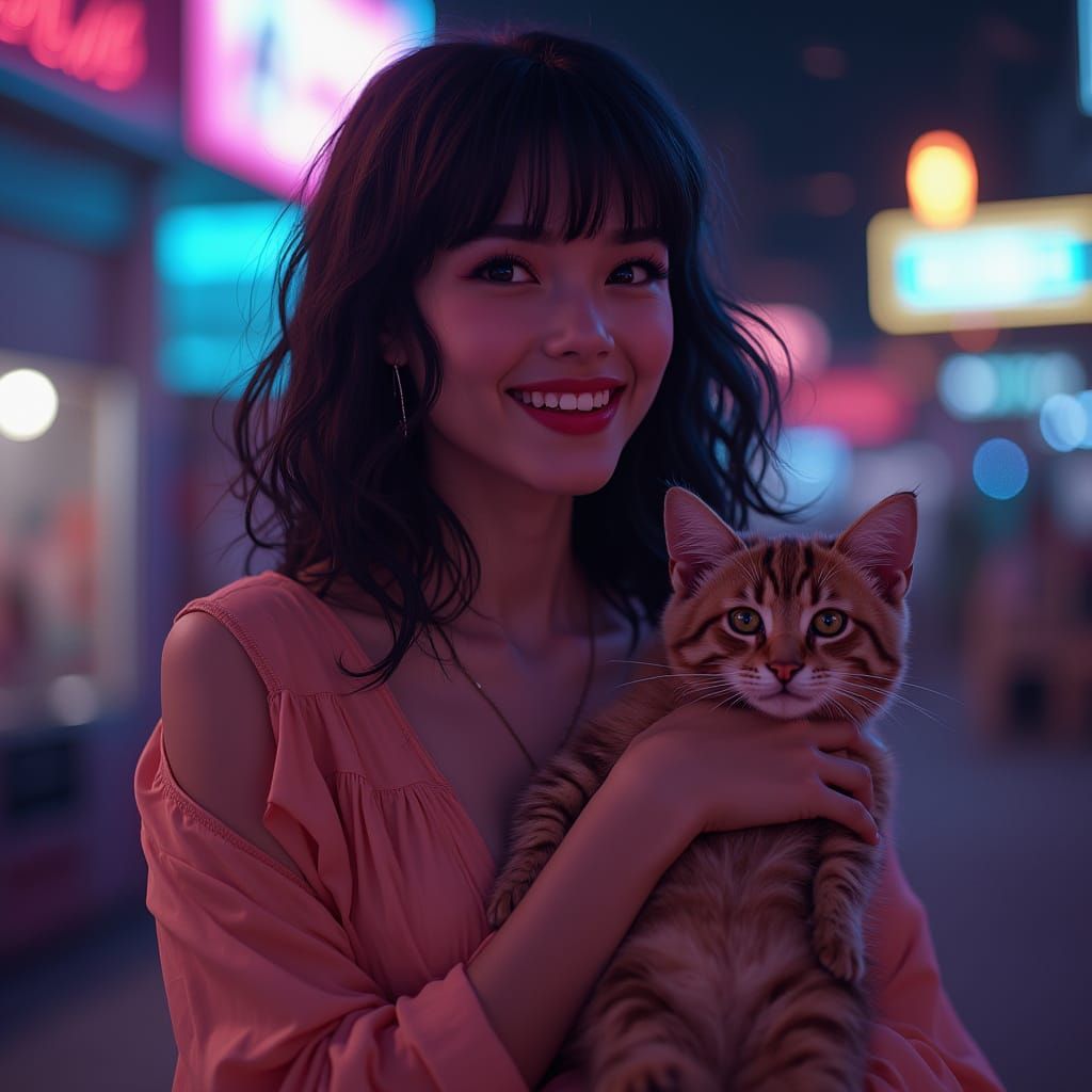 Woman Smiles with Adorable Cat in Her Arms in a Neon-Lit Nig...