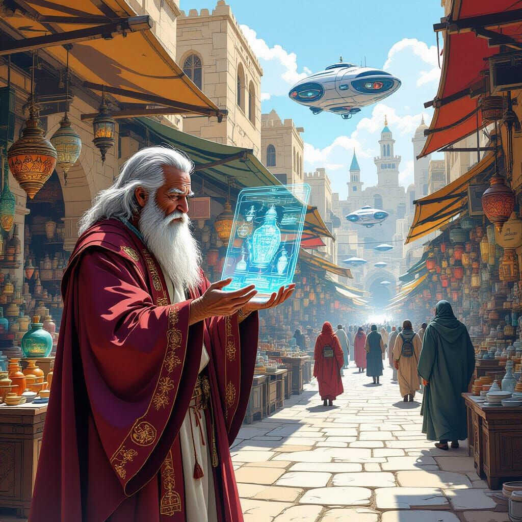 Jerusalem Marketplace with Hovercrafts, Futuristic Whimsical...