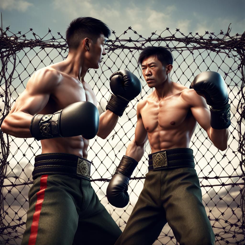 Shirtless Seniors Boxing in Barbed Wire Cage