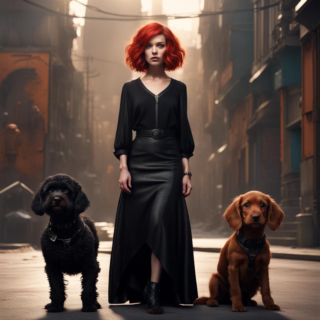 Redhead with Bob and Cockapoo: Fantasy Concept Art