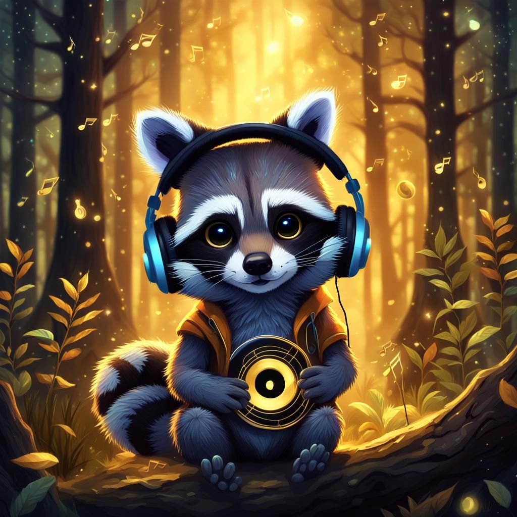 Concept Art  Portrait, cute cub raccoon wearing headphones l...
