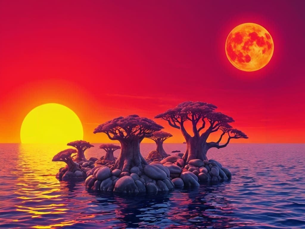 Vibrant Double Sunrise Over a Coral Island in a Fuchsia Sea