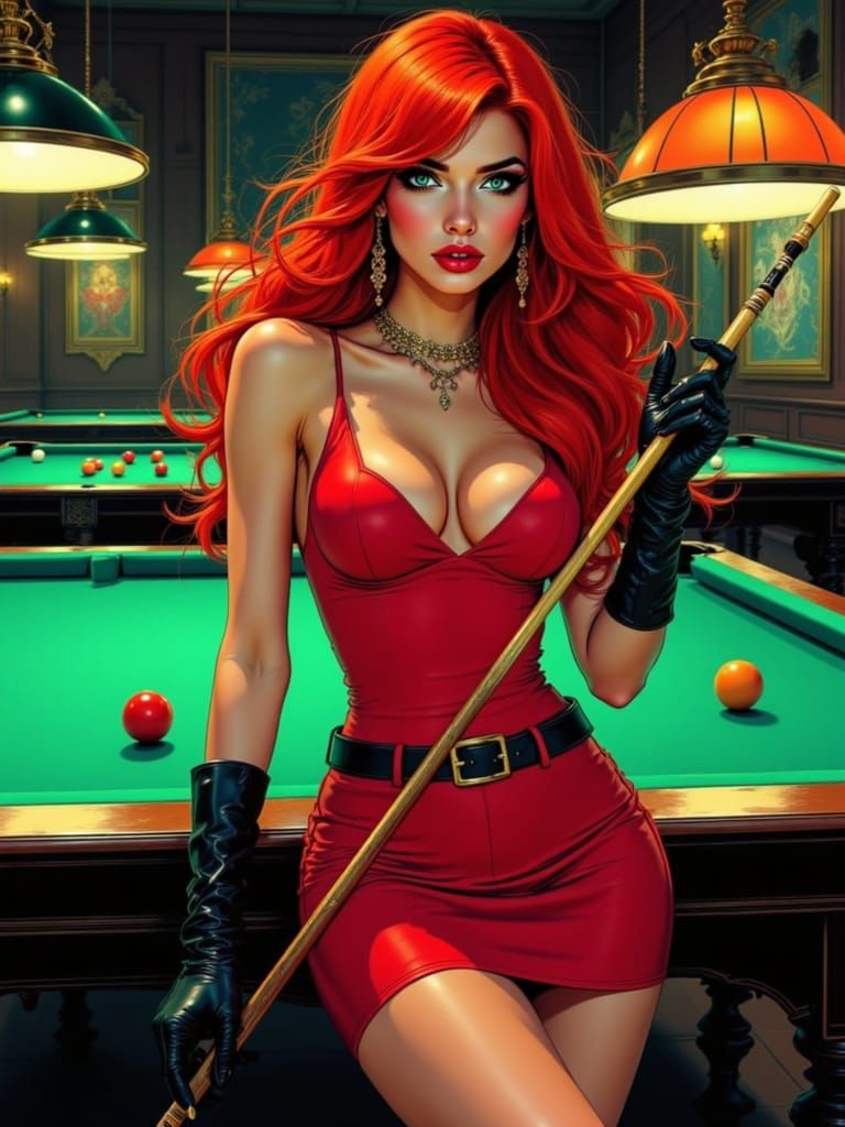 Woman with Red Hair Holds Pool Cue in Dimly Lit Hall