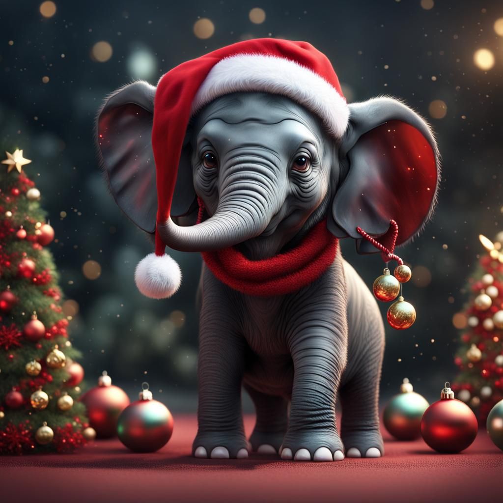 Festive Baby Elephant in Christmas Hat: Digital Art