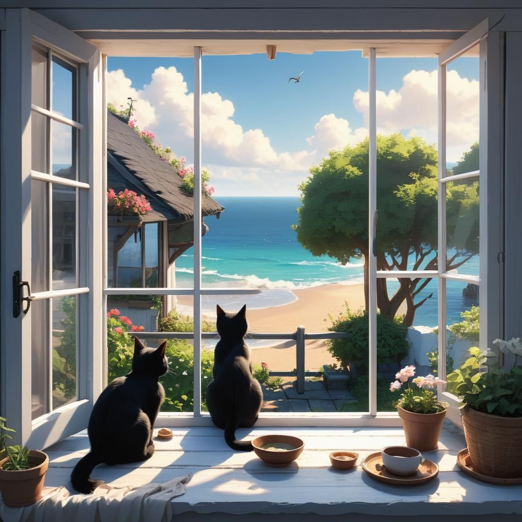 Black Cat Seaview Cottage Anime Art