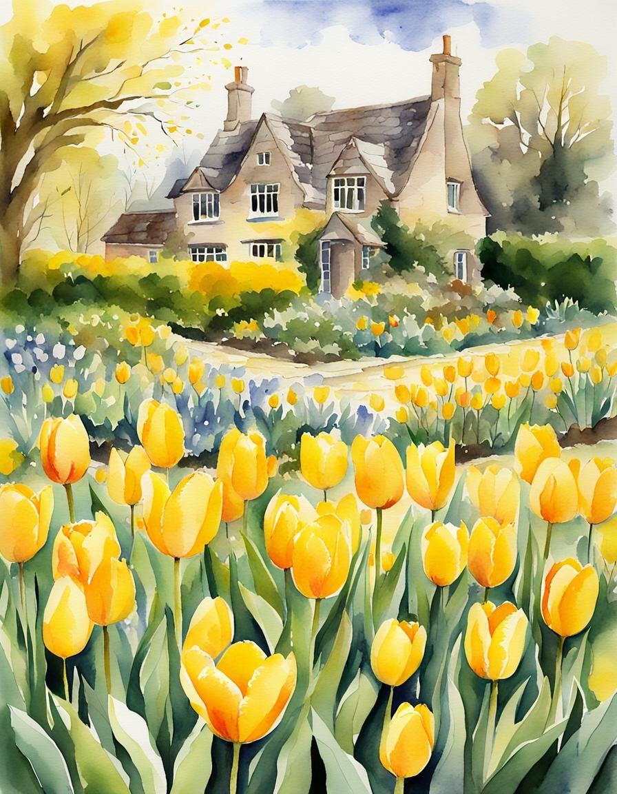 Yellow Tulips in Cotswold Garden Watercolor