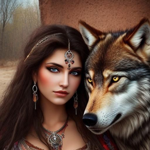 Passionate Gypsy Woman and Wolf Portrait