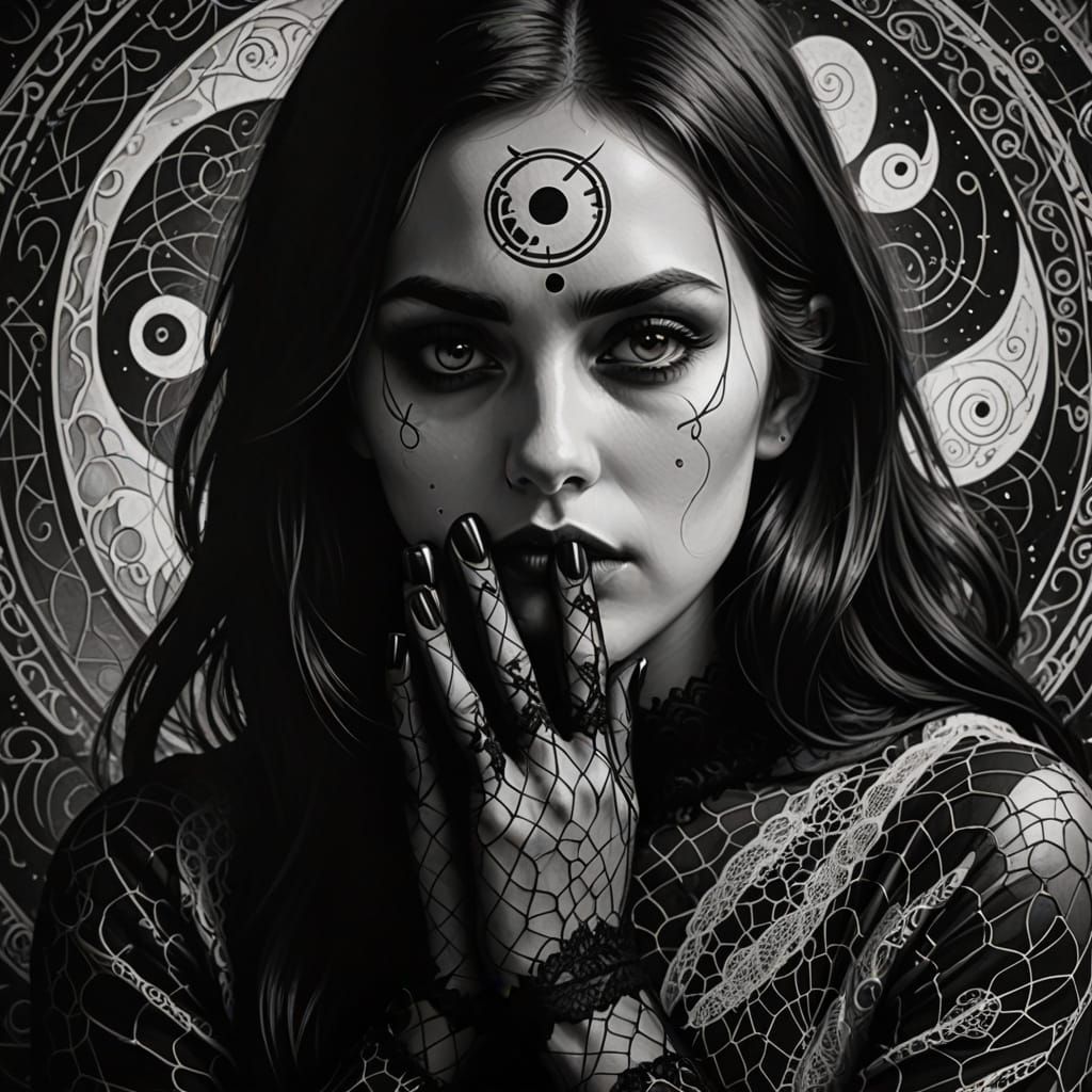 Mystical Emo Goth Woman in Yin-Yang Symbolic Abstract Art