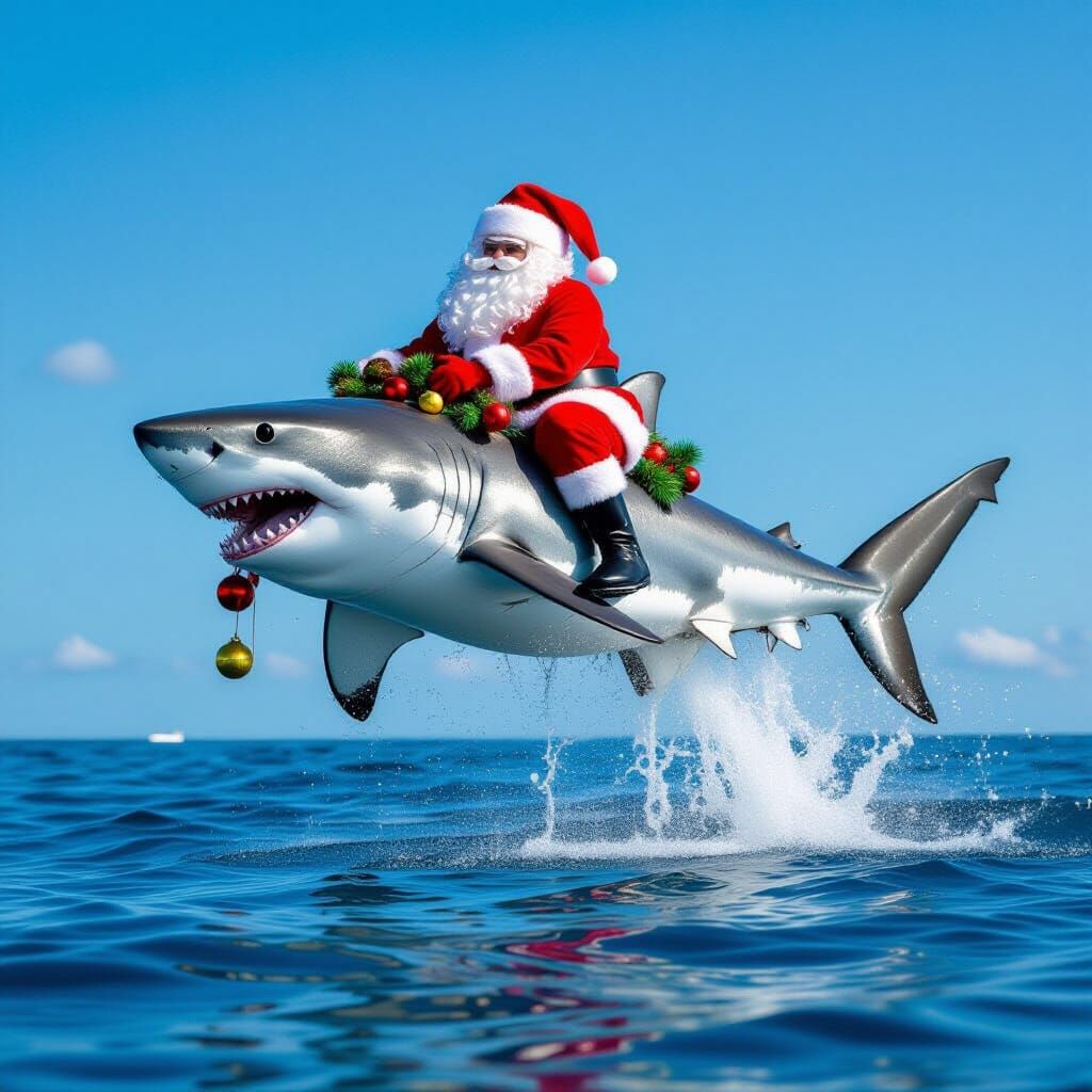 Christmas Shark with Santa Jumping Out of Water