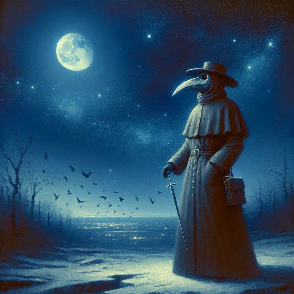 A plague doctor staring at the moon