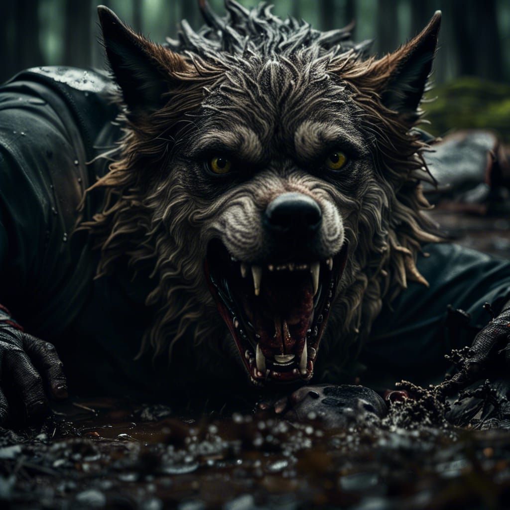 Dramatic Close-Up of Wolf Attack in Dark Forest