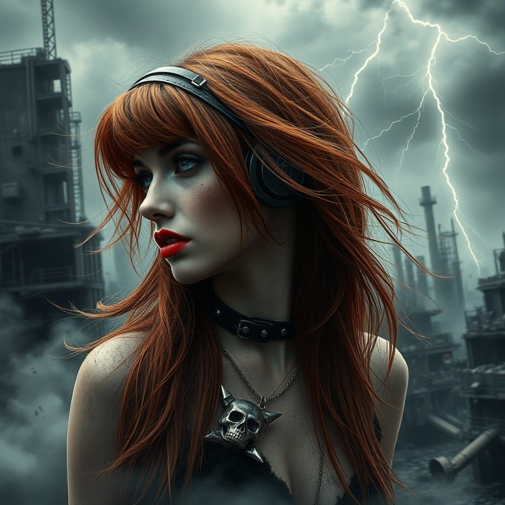 Gothic Redhead Woman in Dystopian Ruins