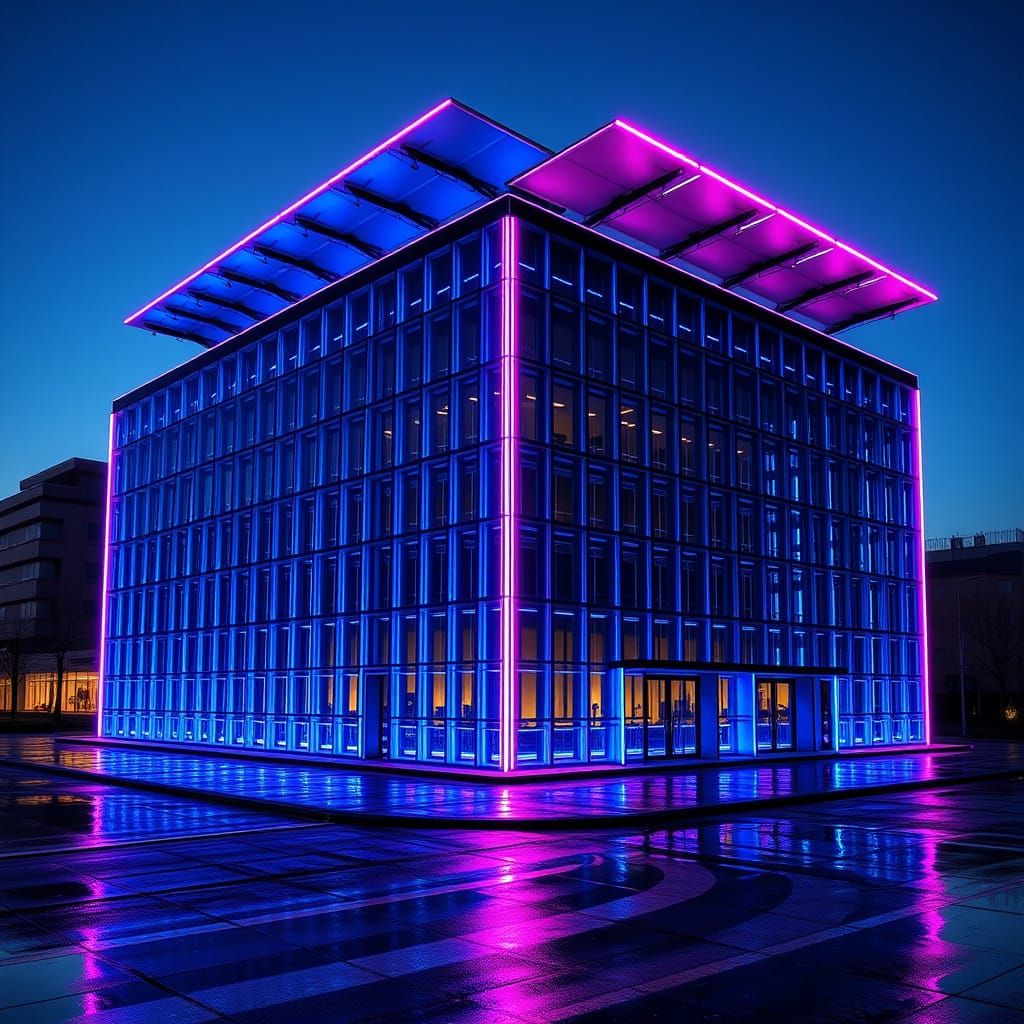 Neon Glass Block Building Illuminated on a Wet Evening