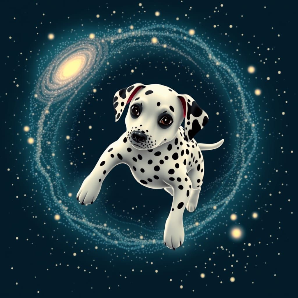 Dalmatian Dog Floating Through a Polka Dot Galaxy