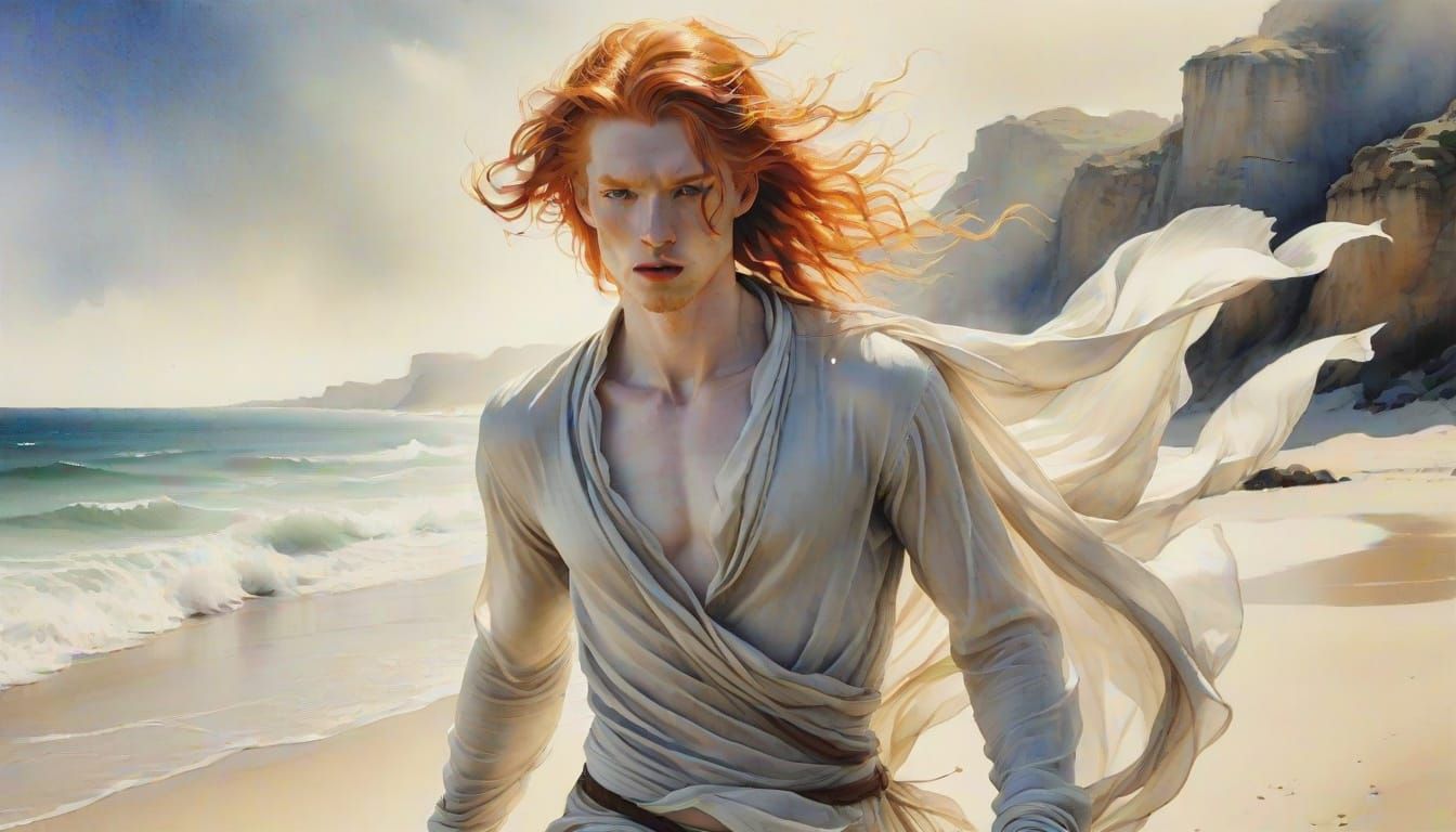 Androgynous Watercolor Figure in a Dreamy Beach Scene