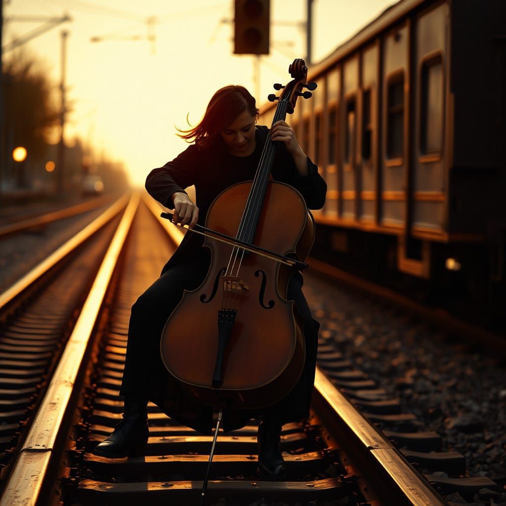 Vintage Photography of Cellist at Train Tracks