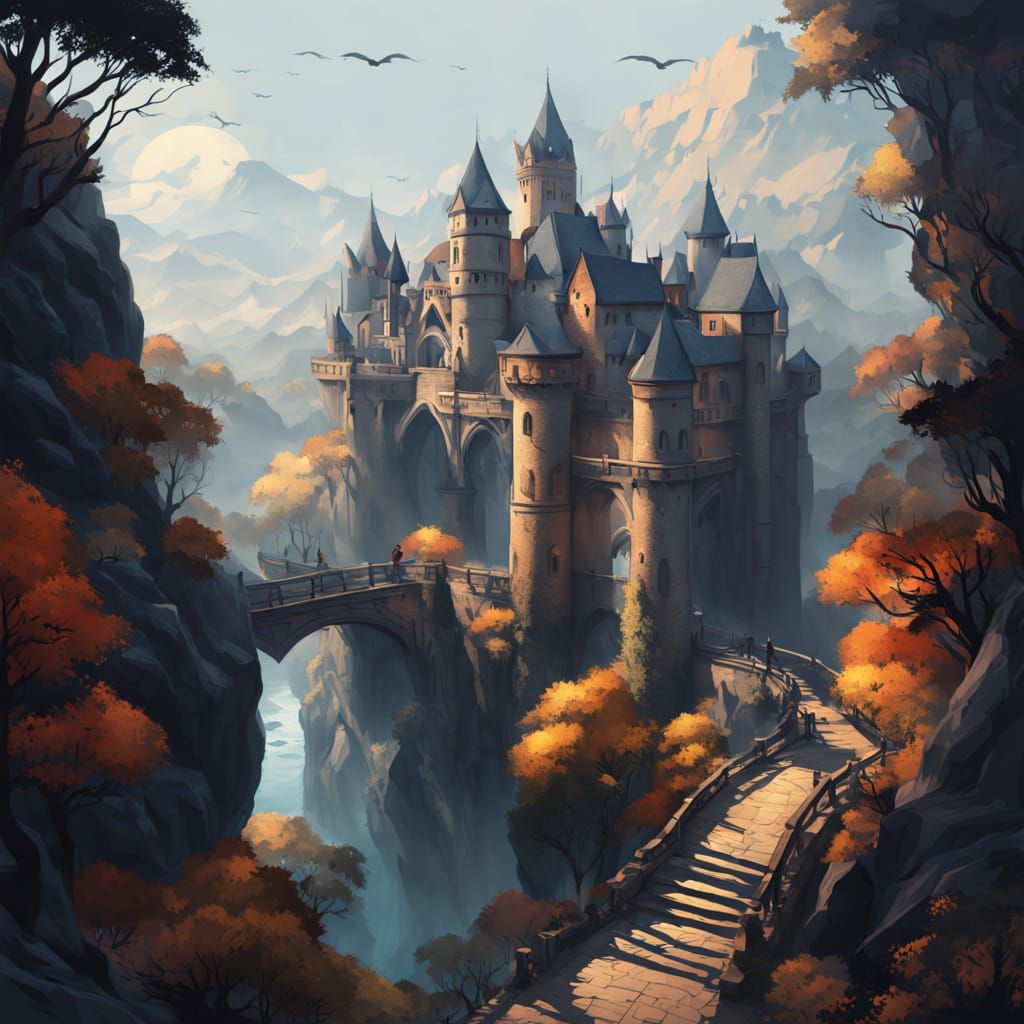 Medieval Castle Village in Suspended Rocks, Hyperdetailed Co...