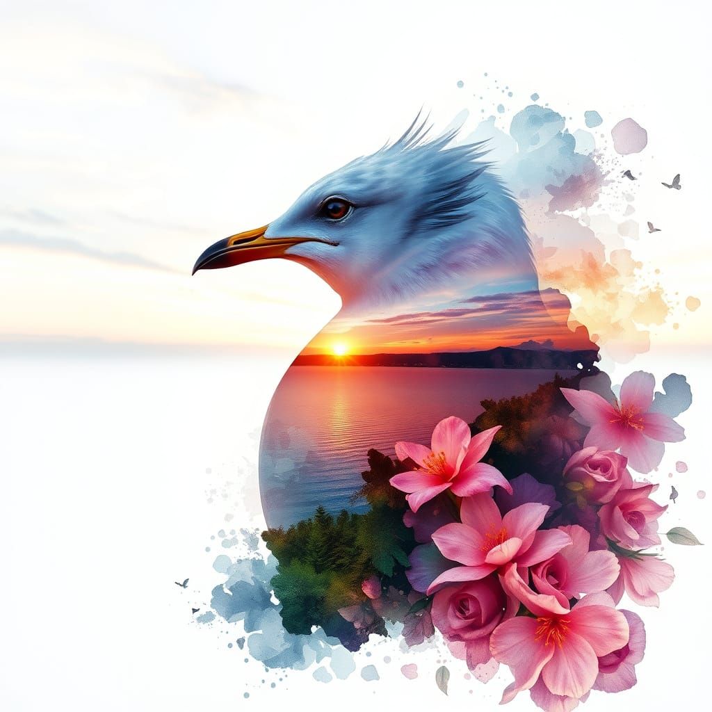 Seagull Portrait with Sunrise Sky in Watercolor Style