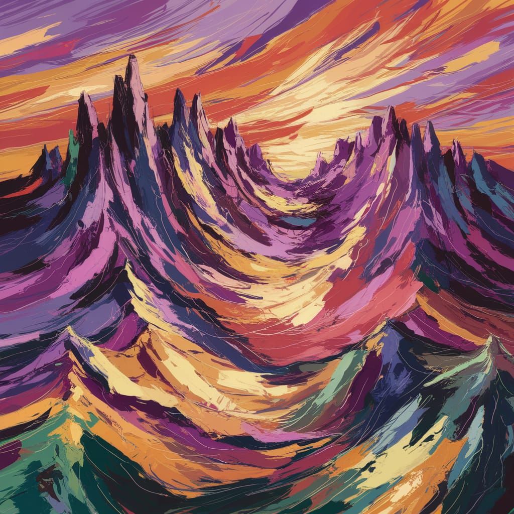 Vibrant Cubist Landscape with Jagged Mountains and Swirling ...