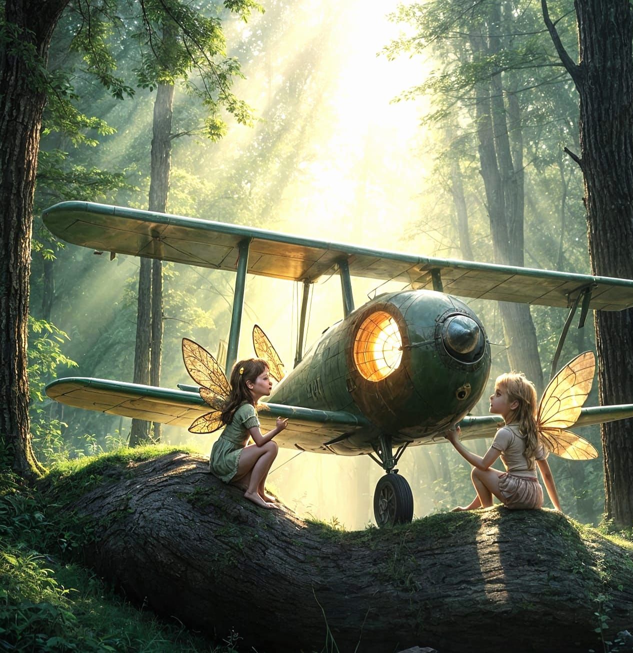 Fairies Repairing Airplane in Forest Landscape