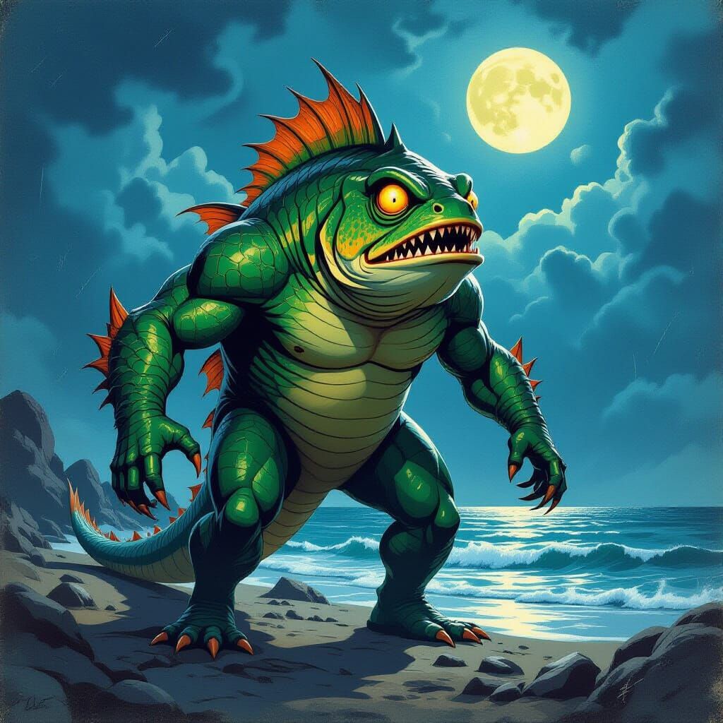 1950s Fish Man Monster on Stormy Shore