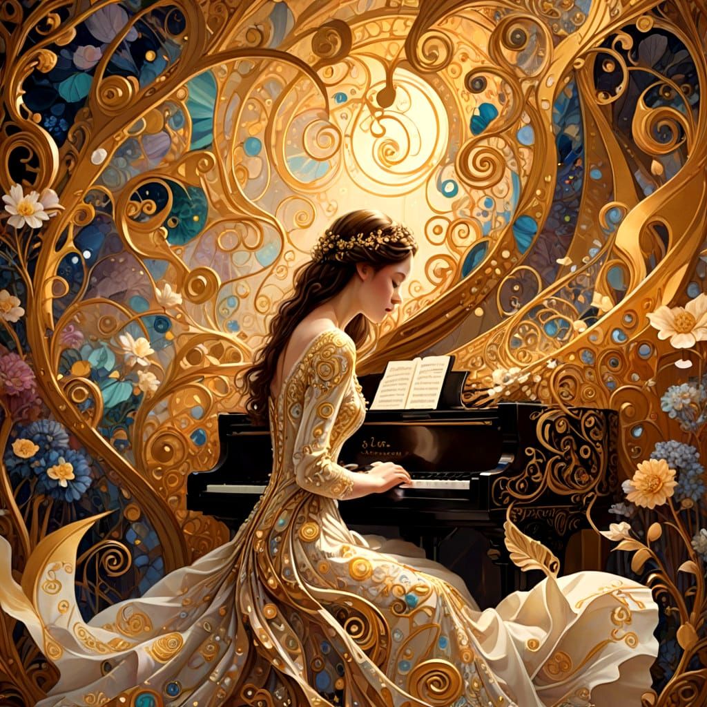 Ethereal Girl Plays Piano Amidst Musical Notes