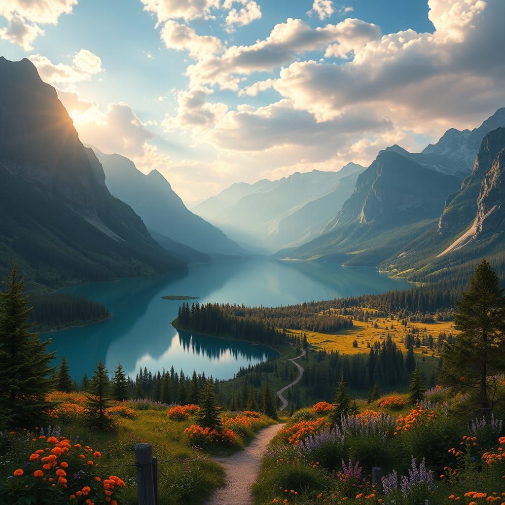 Surreal Valley Panorama with Breathtaking Lake Reflections i...