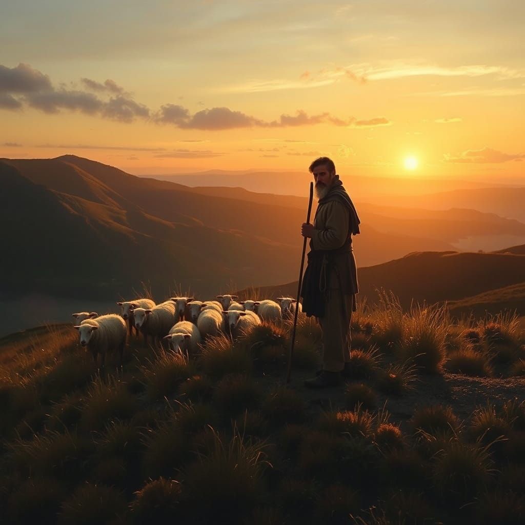 Shepherd and Flock at Sunset in Classical Style