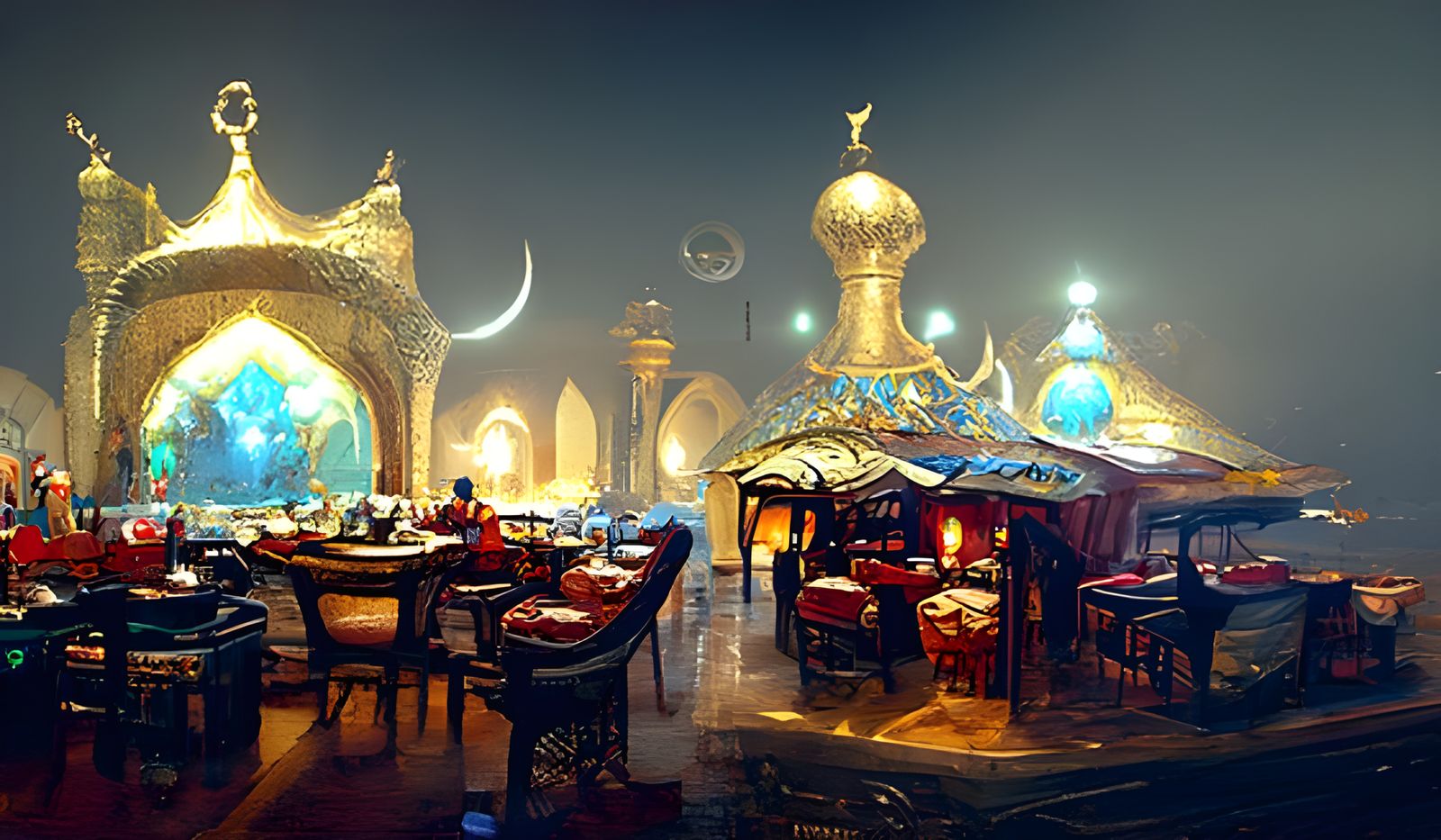 Elaborate Arabian Cafe at Night as Digital Art