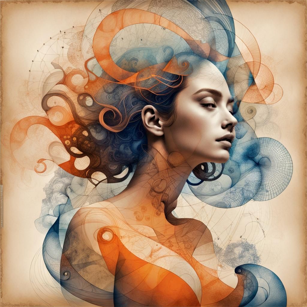 Abstract Lithograph of Model with Mysterious Formulas