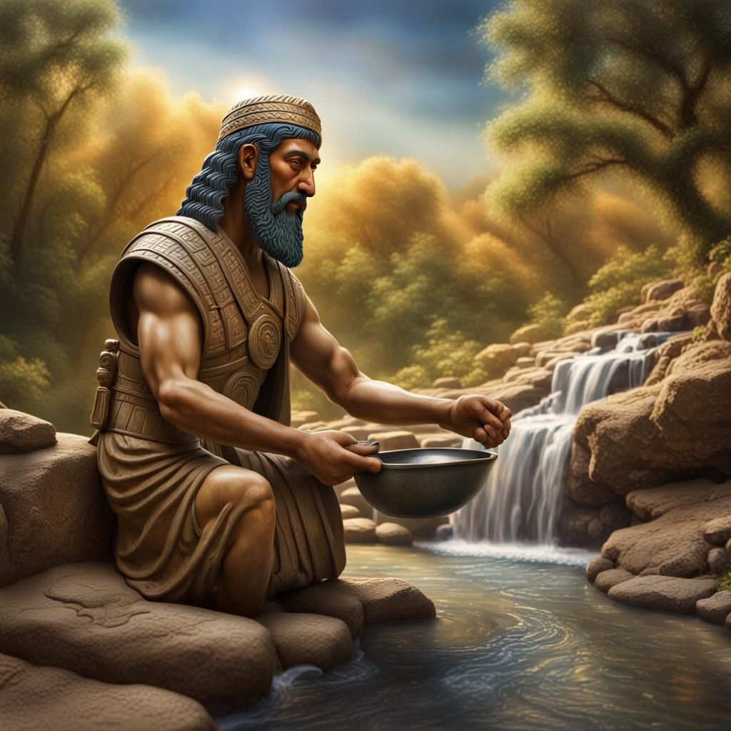 an Assyrian relief depicting a merchant paying for iron at a forest stream
 Hyperrealistic, splash art, concept art, mid...