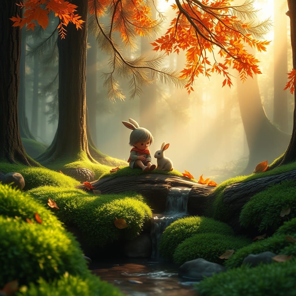 Enchanted Forest Scene with Bunny, Matte Painting
