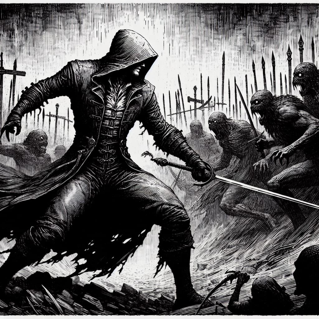 Hooded Hero Battles Foes on Haunted Mountainside