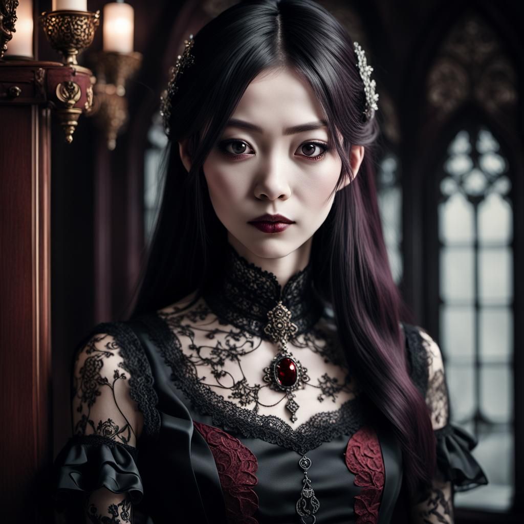 Elegant Gothic Asian Woman in Victorian-Inspired Setting