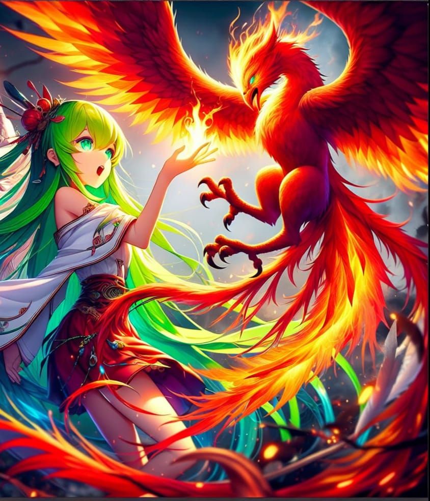 Anime Girls and Phoenix in Fantasy Concept Art