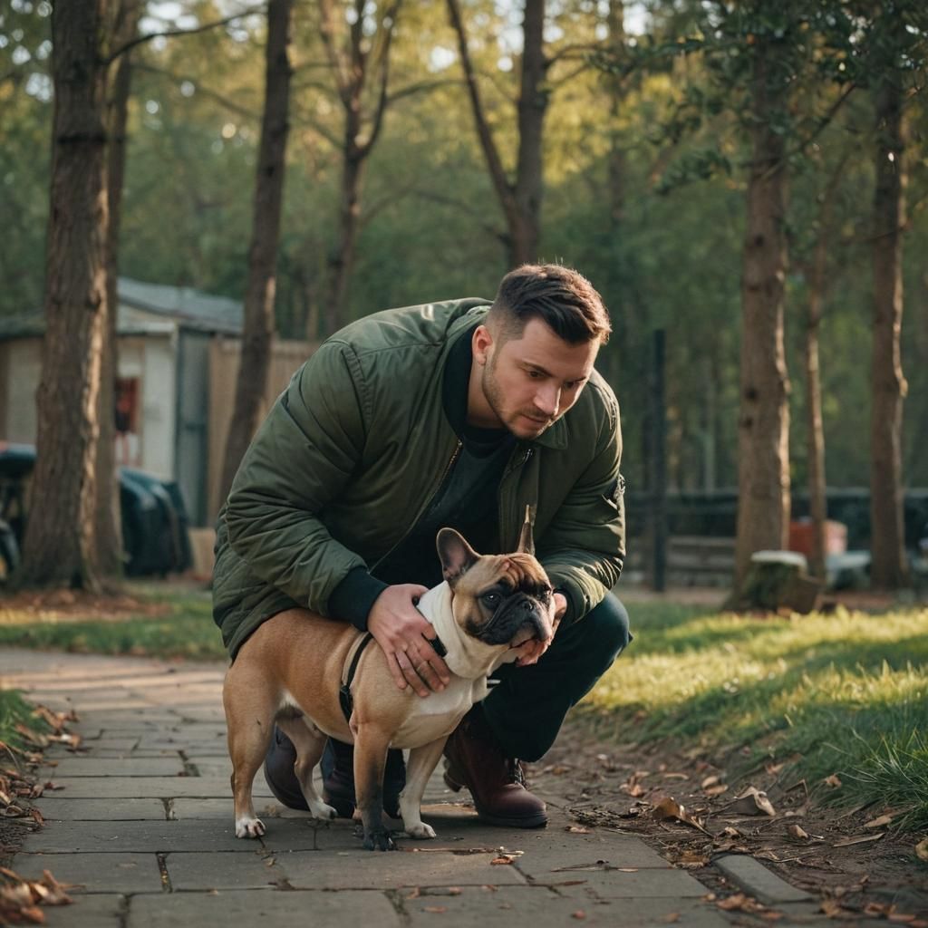 Intimate Moment: Slavic Man and French Bulldog in Urban Oasi...