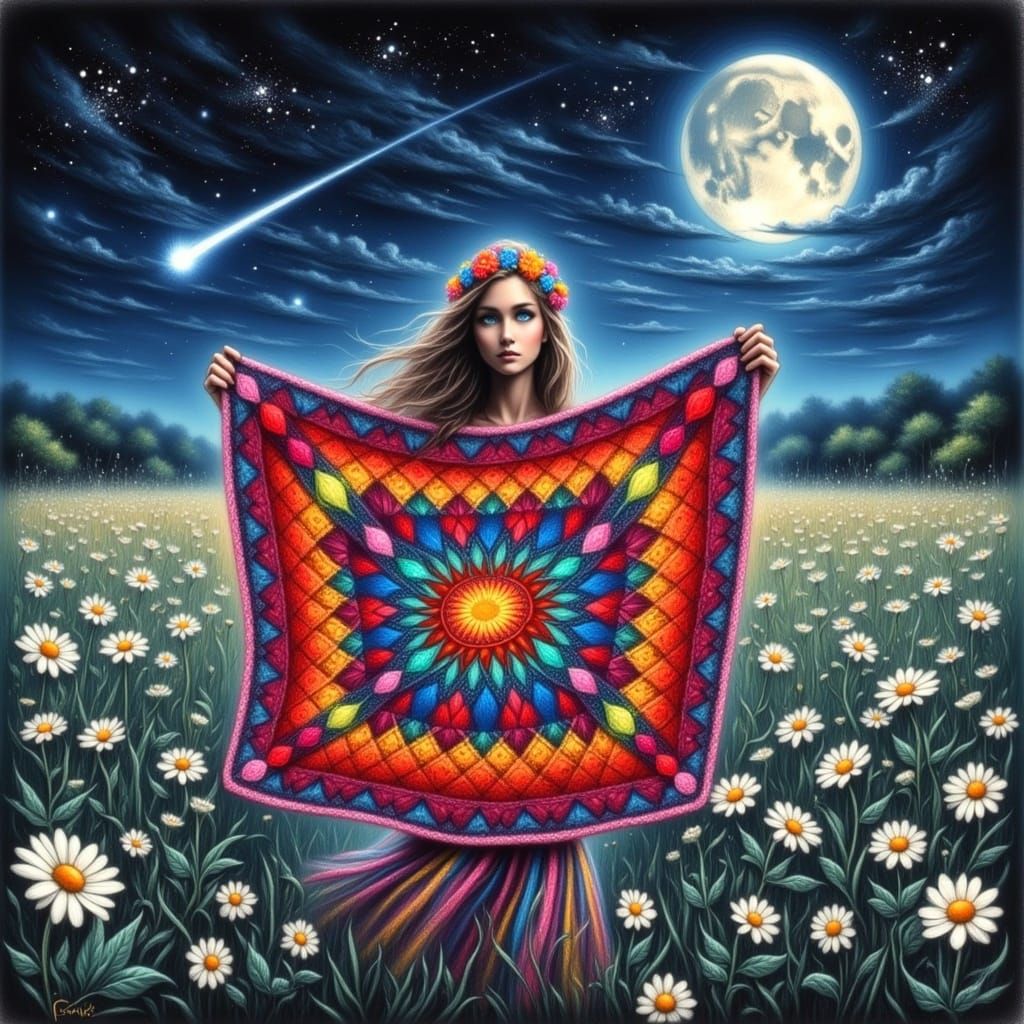 Hippie Woman with Crochet Blanket Under Starry Sky