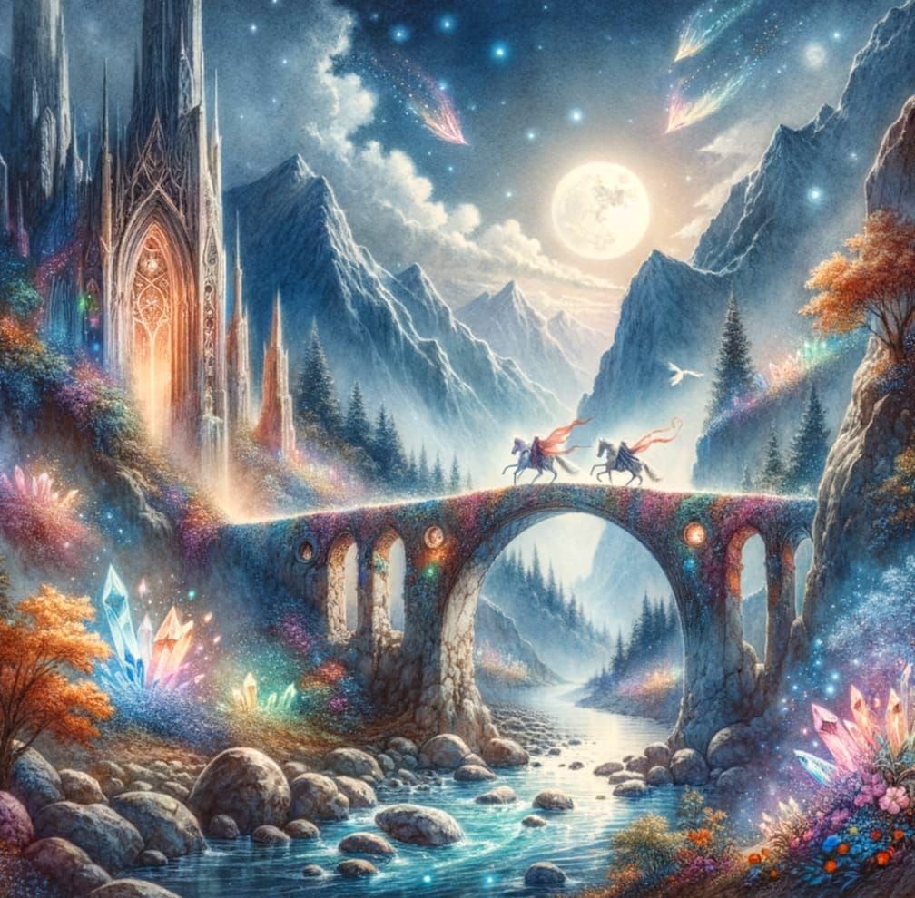Ancient Bridge Amidst Foggy Valley in Whimsical Watercolor S...