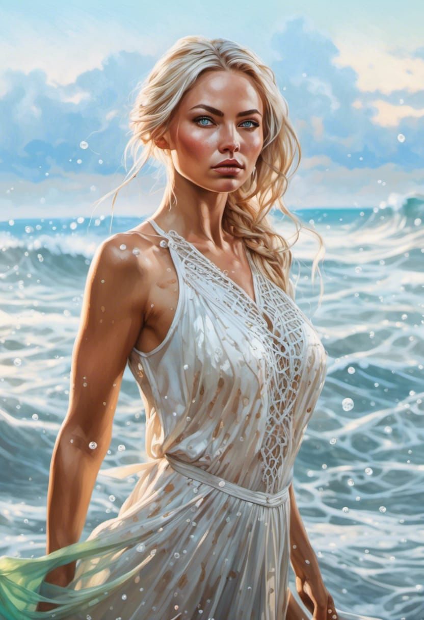 Fantasy Woman in Lake at Sunrise, Detailed Digital Art