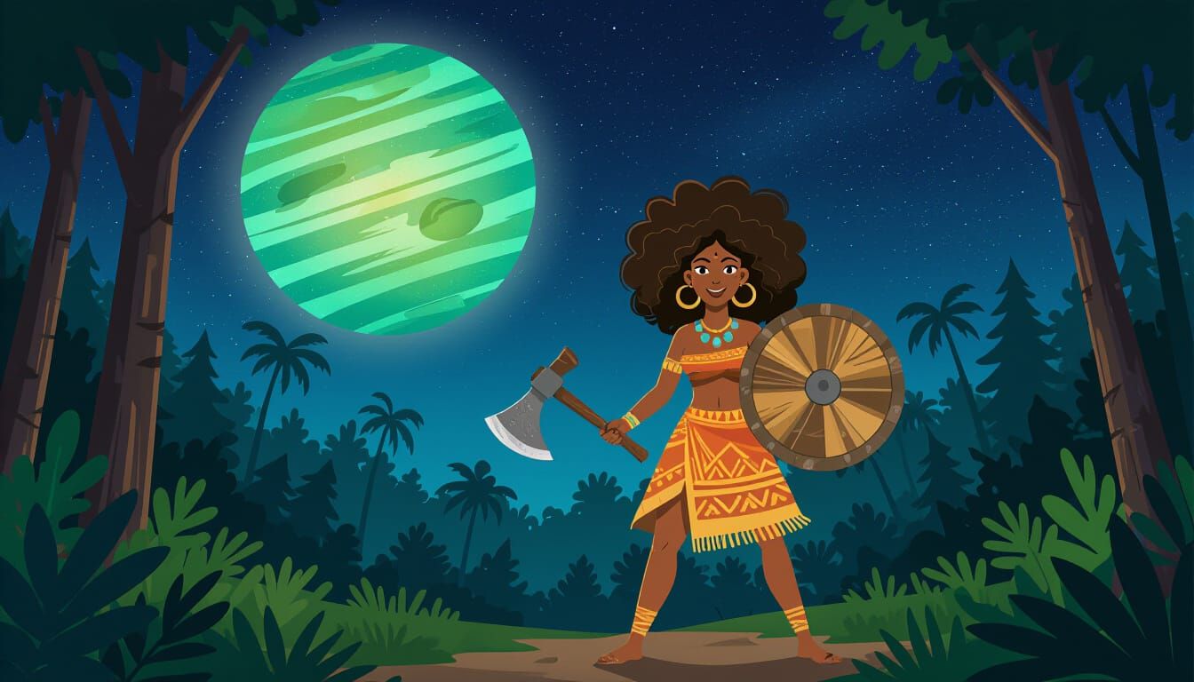 African Woman in Rainforest with Glowing Planet