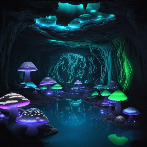Bioluminescent Mushrooms Light Up Dark Cave