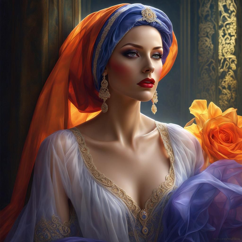 Glamorous Lady in Colorful Nightwear, Detailed Matte Paintin...