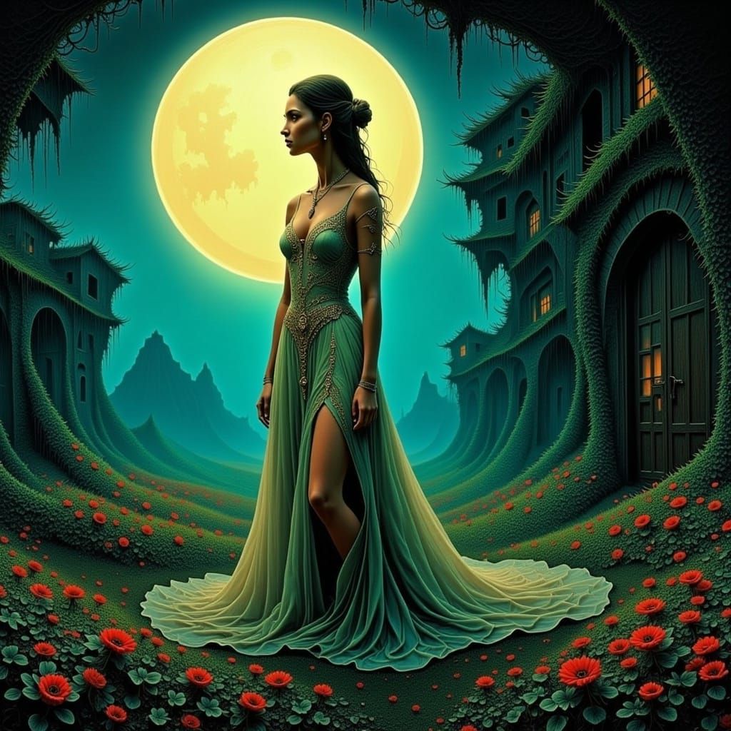 Woman in Moonlit Garden, Digital Art Style