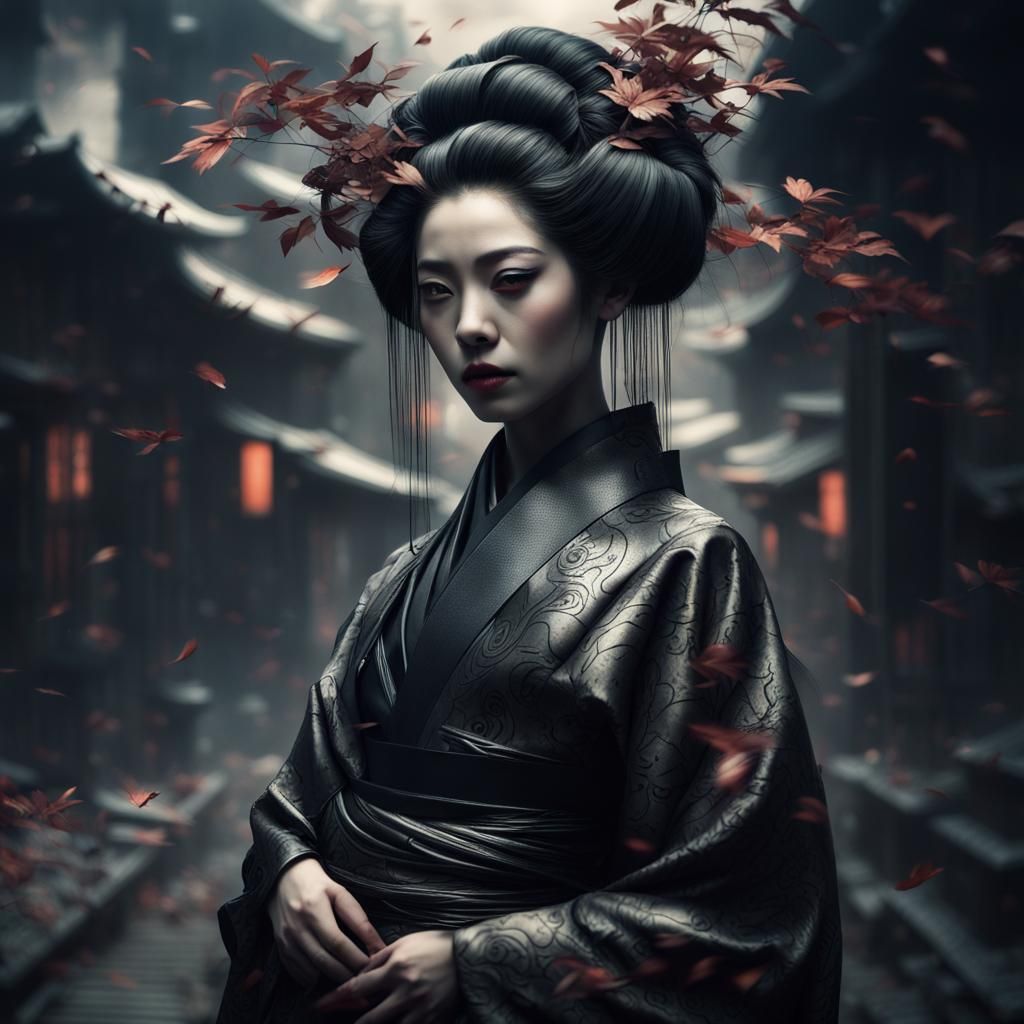 Geisha Cyborg in H.R. Giger Style with Flying Leaves