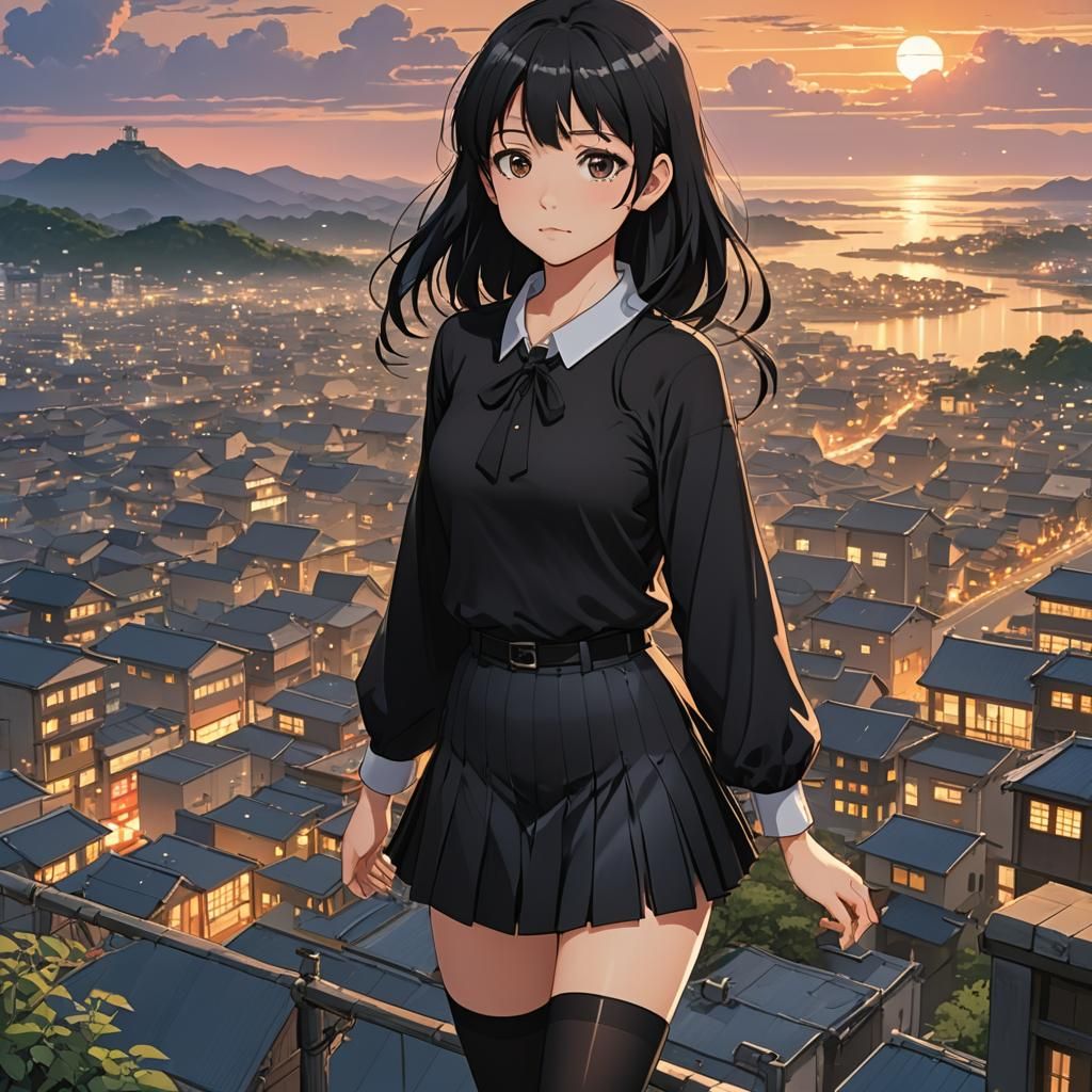 Anime Girl in Black Outfit with Sunrise Background