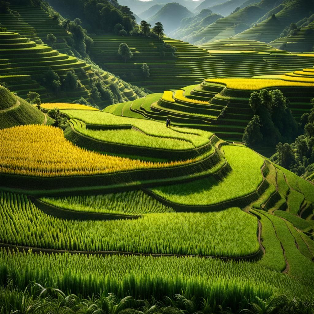 Hyperrealistic Terraced Rice Fields With Workers