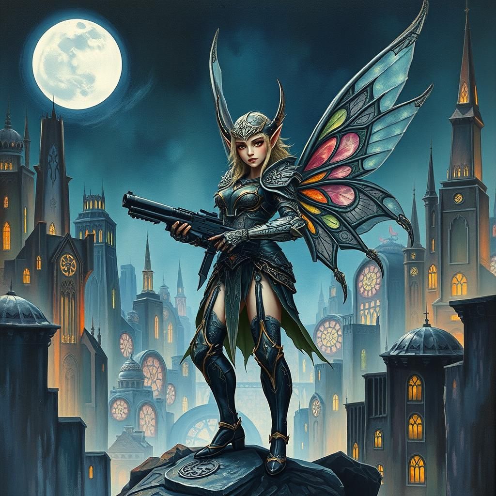Sci-Fi Elf Warrior in Dystopian Cityscape