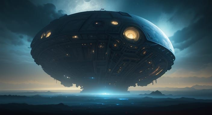 Alien Mothership Orbiting Moon in Fantasy Style